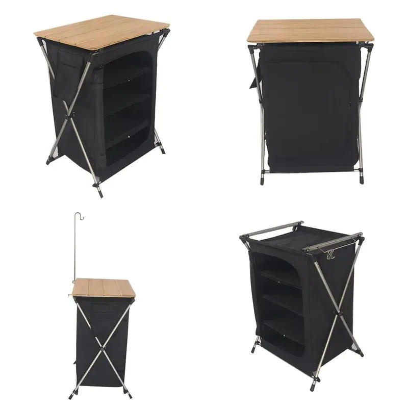 Multifunctional Removable Camping Folding Outdoor Mobile Kitchen Wooden Table with Storage Bag