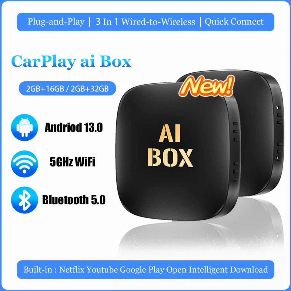 CarPlay Smart Ai Box Android13 Wired to Wireless CarPlay Andriod Auto 3in 1 Built-in Netflix YouTube Google Mall Plug and Play