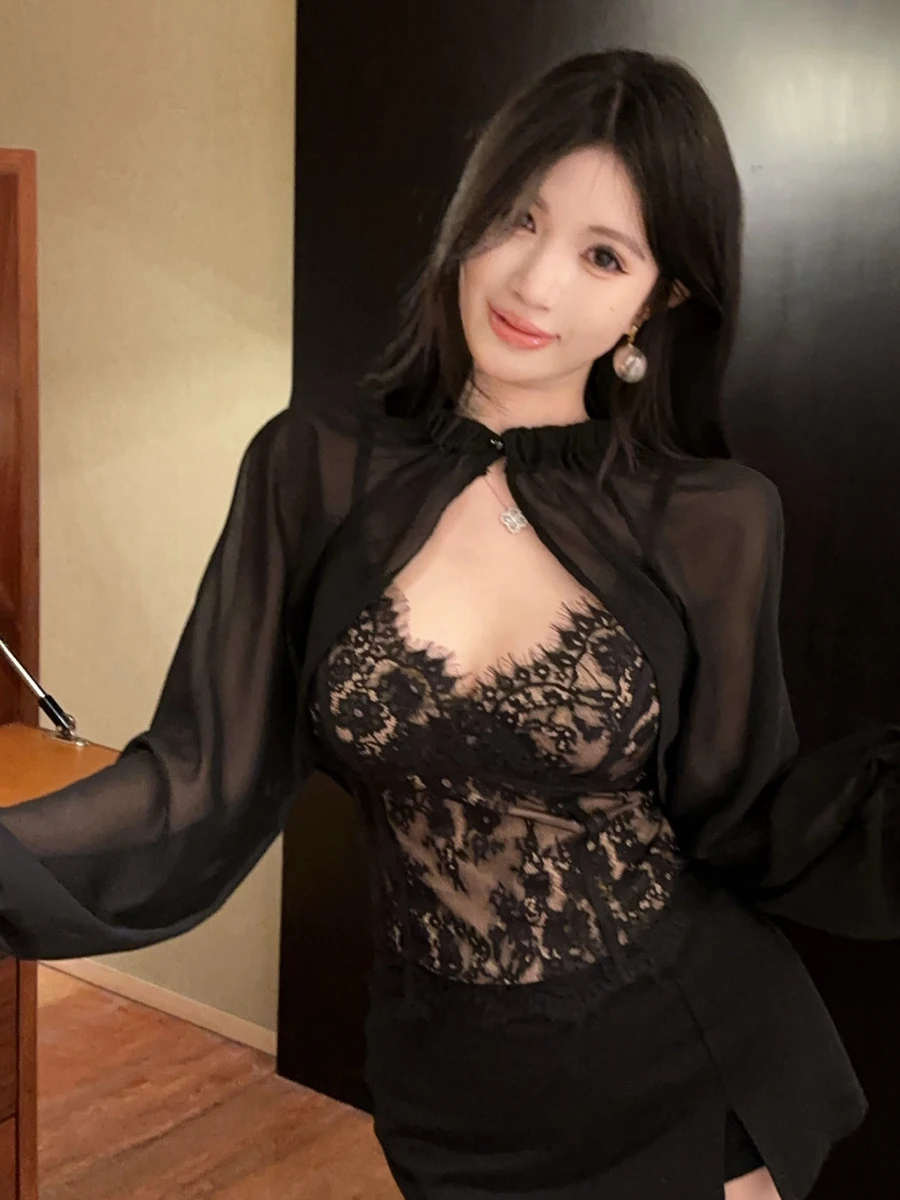 

Retro Sexy Lace oulder awl Cover up Vest Two Piece Set Lantern Sve V Ne Pure Desire ort Length Slim Fit Sle