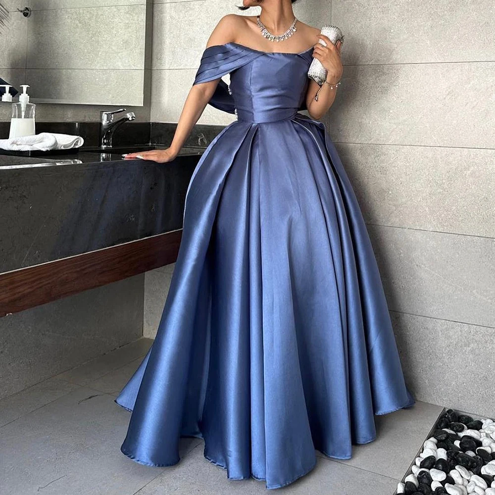 Customized Luxury Satin A-Line Off the Shoulder Crystal Evening Dress Strapless Half Sleeves Panel Train Homecoming Dress