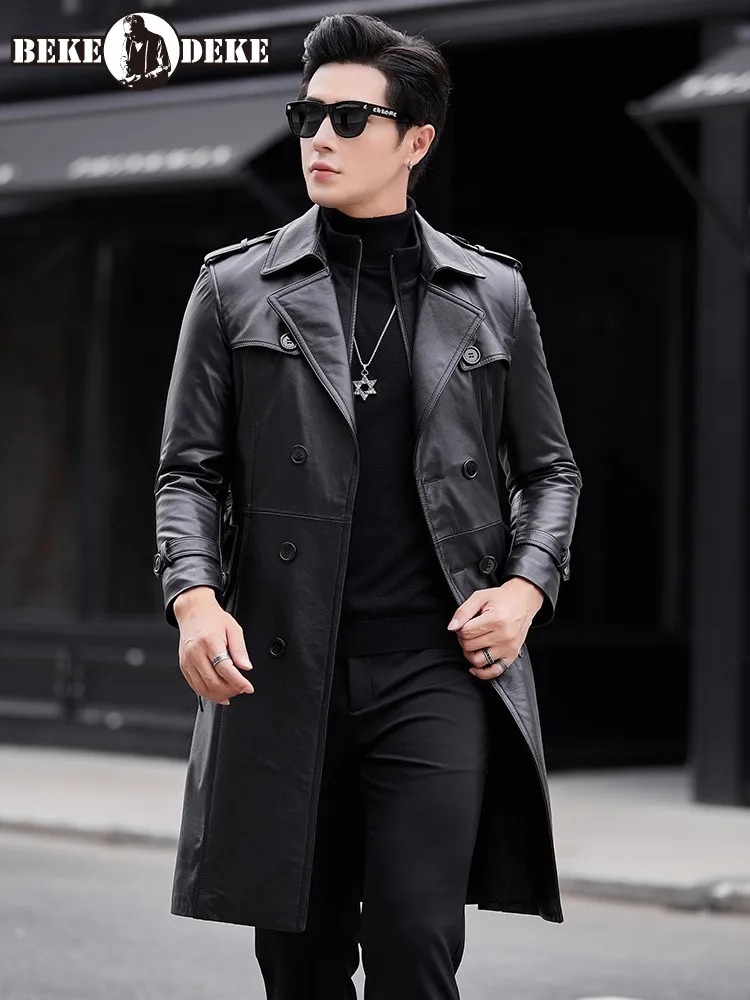 

High Street Men Cowhide Genuine Leather Trench Office Business Casual Autumn Winter Warm Down Coat Double Breasted Long Overcoat