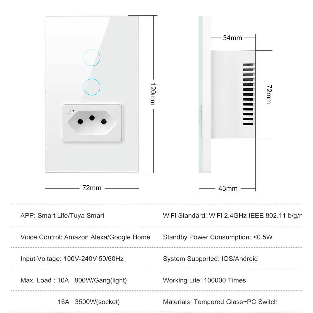 AVATTO WiFi/Zigbee Smart Wall Light Switch & Socket Brazil Standard 4X2 Glass Panel Light Switch,Work For Alexa Google Home