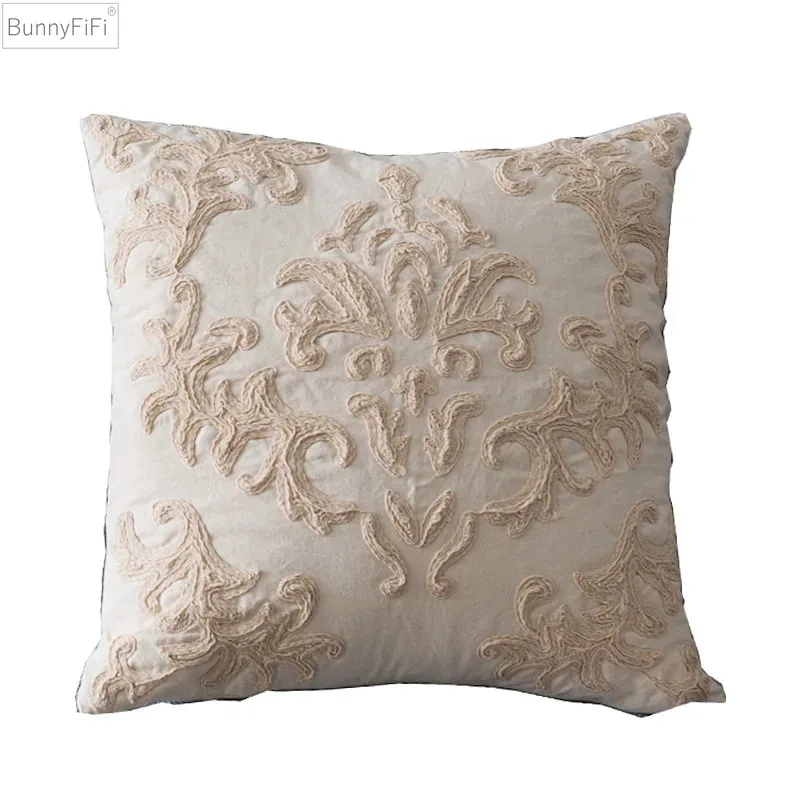 Beige Euro Rope Thread Embroidery Cushion Cover Home Decoration Linen Cotton Boho Style Ethnic Pillow Cover 50x50cm Pillow