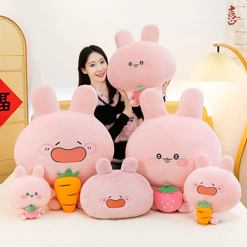 

Big Head Pink Rabbit Plush Doll Adorable Facial Design with Fruit Accessory Soft Fluffy Stuffed Toy for Collection Room Ornament