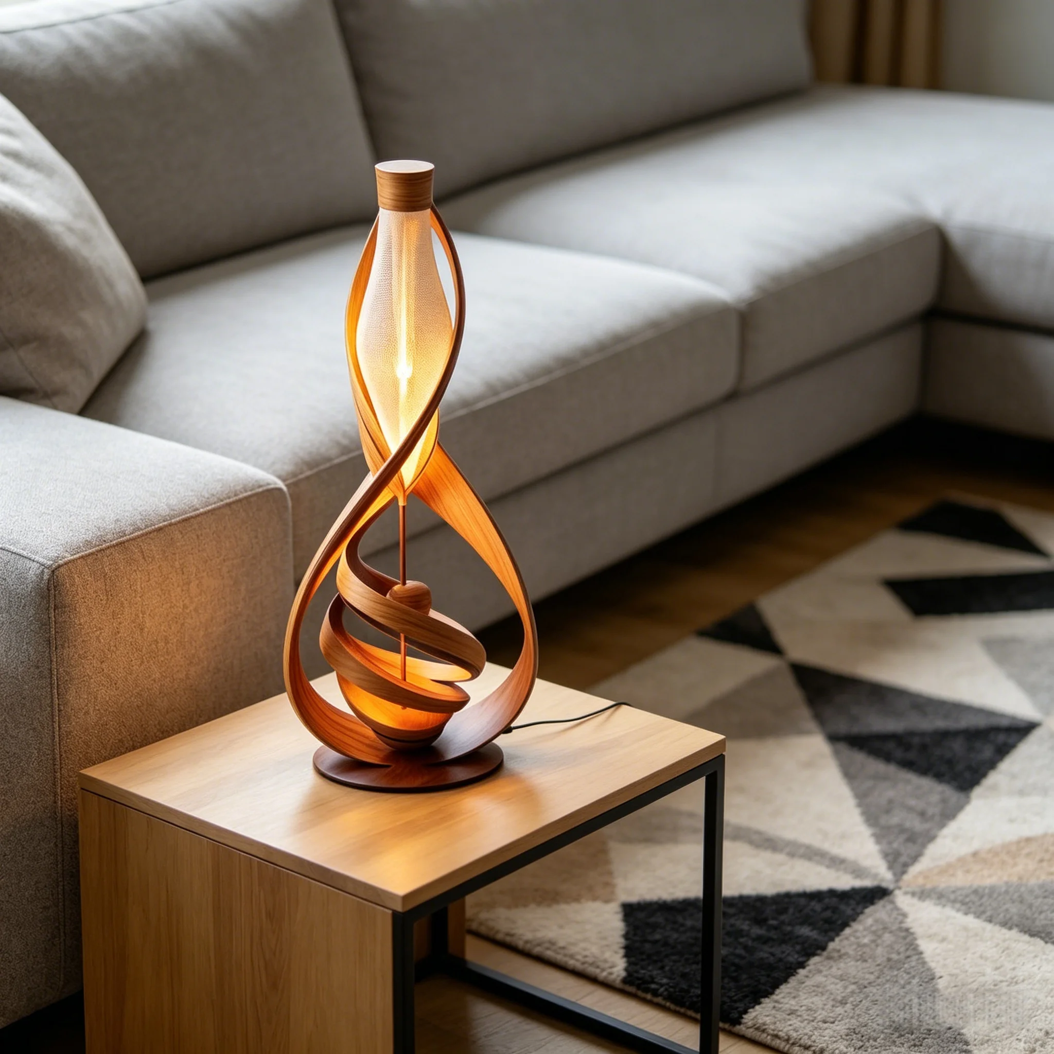 ！@Handcrafted Solid Wood Engraved Table Lamp with Twisted Frame and Fabric Shade H70cm Modern Home Decor Lighting
