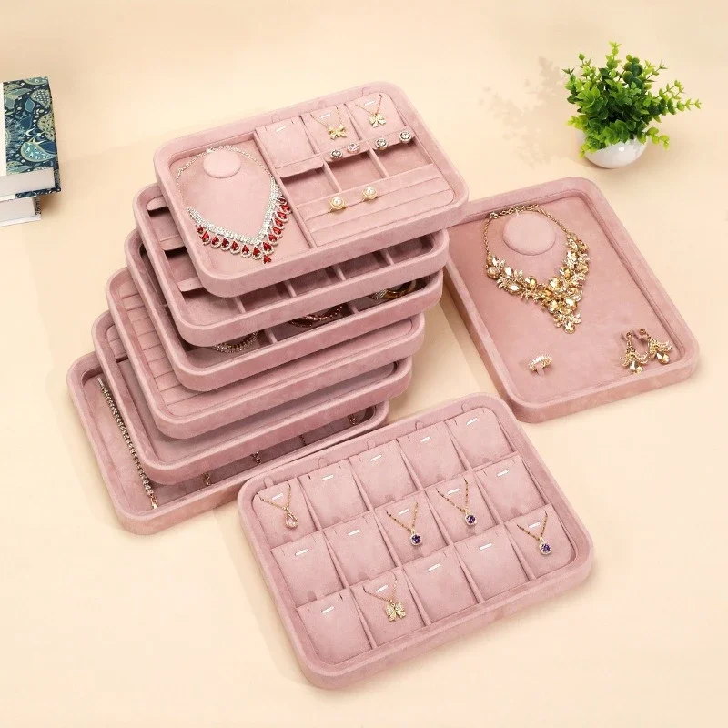 Pink Jewelry Display Tray Necklace Ring Bracelet Earring Dustproof Showcase Case Stackable Counter Display for Store Boutique