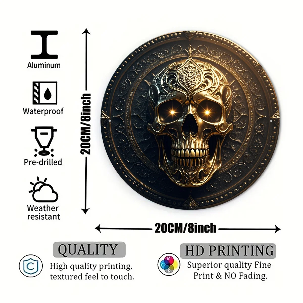 Circular T2D Gothic Skull Wall Decor, 8x8 Inch Iron Sign, Gold Etching, Unframed Round Ornament for Home Bar