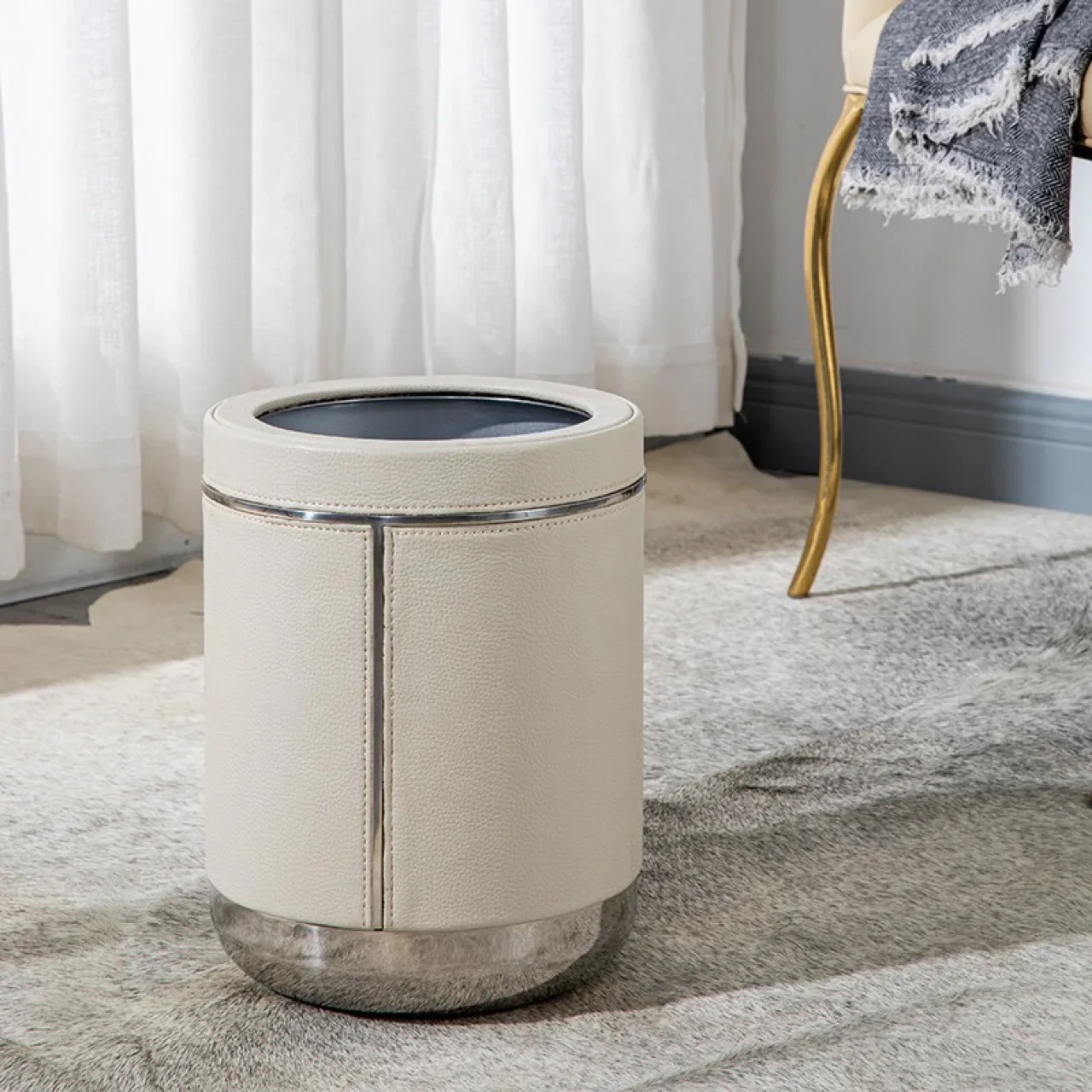 

Stainless steel leather trash can simple and luxurious bedroom large capacity trash can Waste Bins
