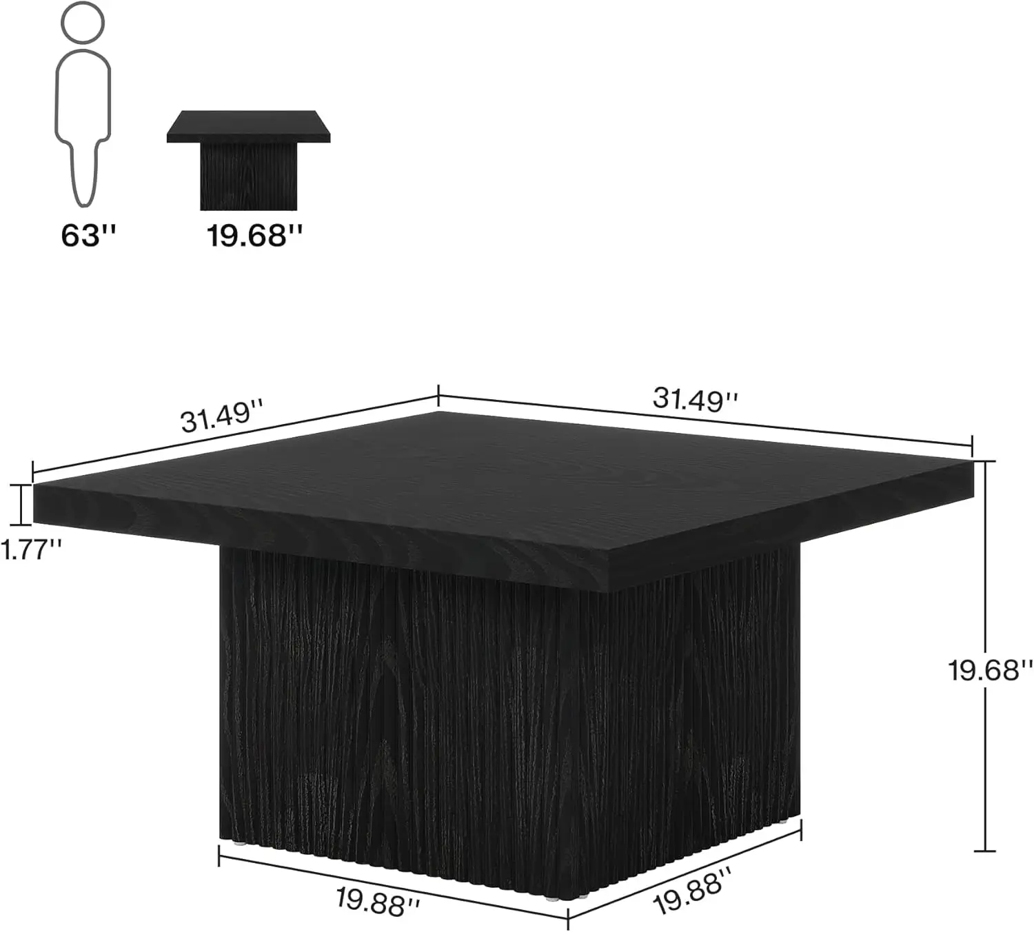 31.5-Inch Fluted Coffee Table, Mid-Century Modern Black Living Room Table, Large Cocktail Table, Easy Assembly
