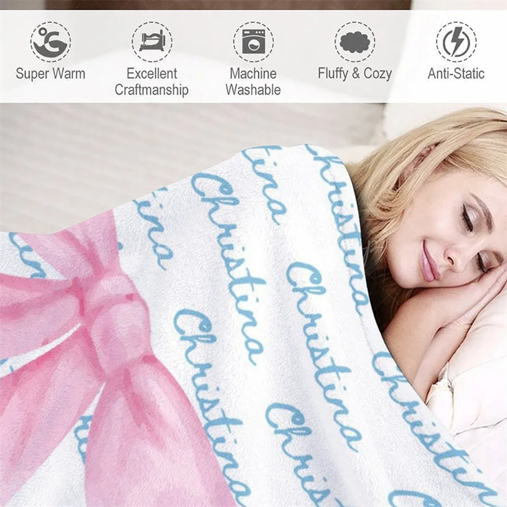 Cute Pink Bow Tie White Blue Custom Name 50x60in Blanket, Personalized Gift for Girl Baby Room Decor