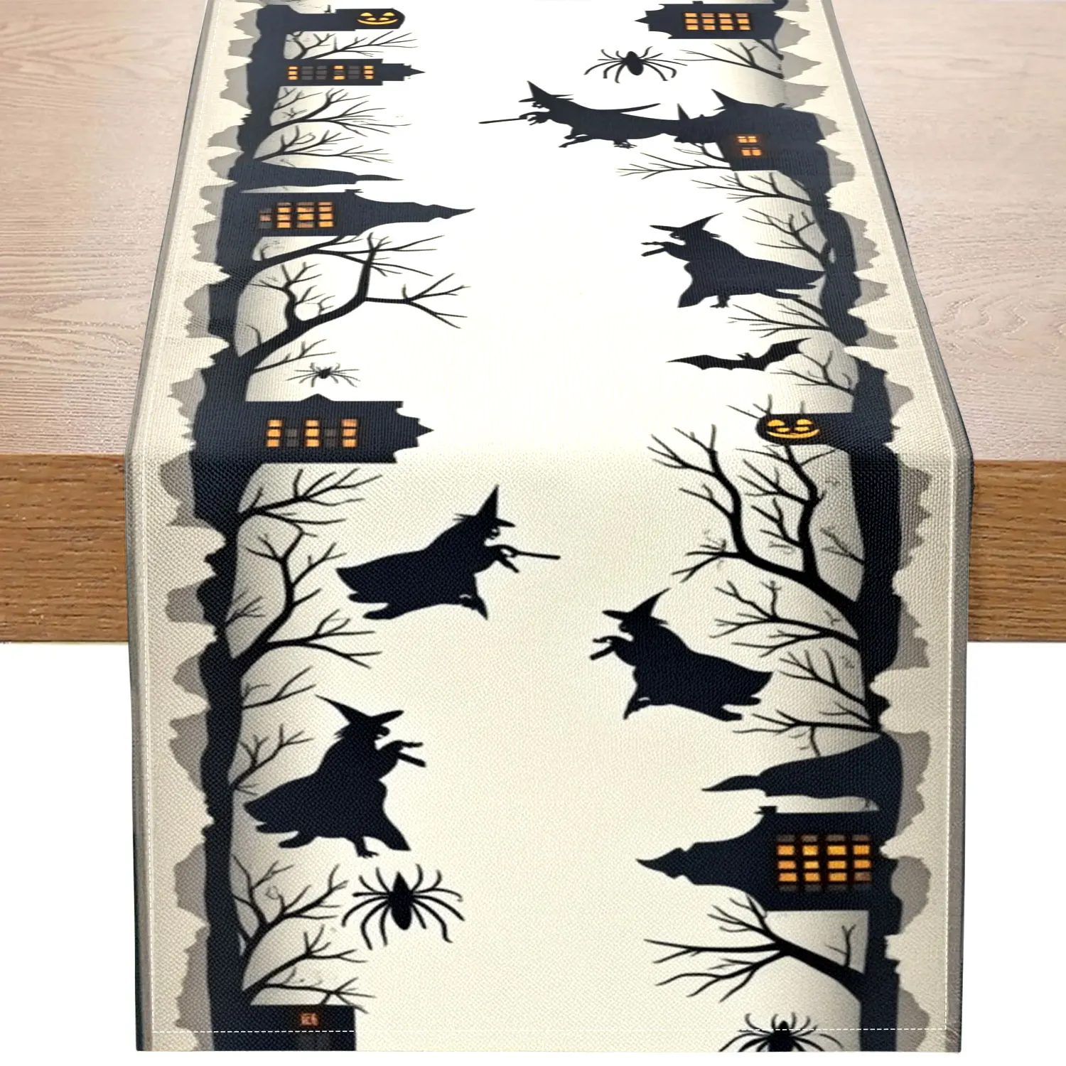 قطعة واحدة من مفرش الطاولة بطابع الهالوين مع أنماط الساحرات والقرع والخفافيش وما إلى ذلك، مناسبة لحفلات العطلات ومشاهد الديكور المنزلي #1
