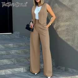 TWOTWINSTYLE Chic Two Piece Set For Women V Neck Sleeveless Spliced Button Coat High Waist Solid Pants Loose Sets Female Style