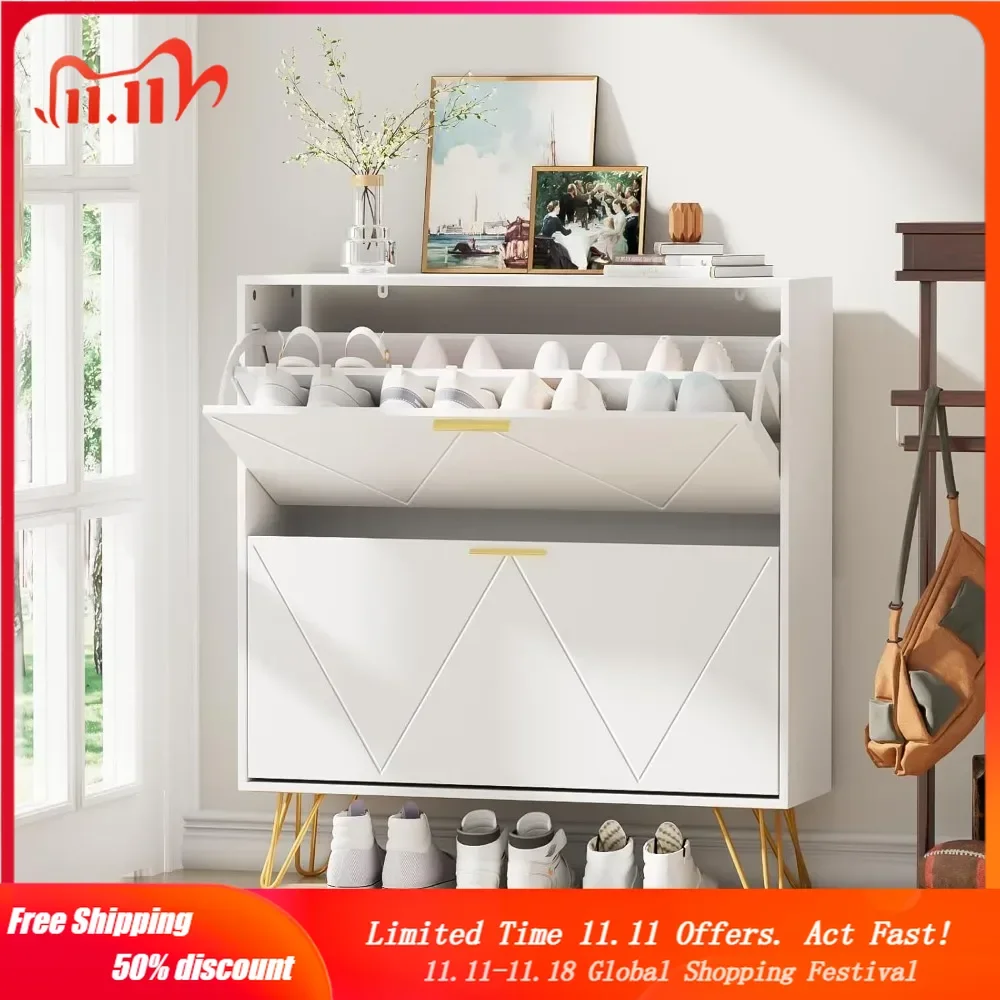 

Shoe Cabinet for Entryway, White Narrow Shoe Storage Cabinet with 2 Flip Drawers, Wooden Hidden Freestanding Shoe Rack