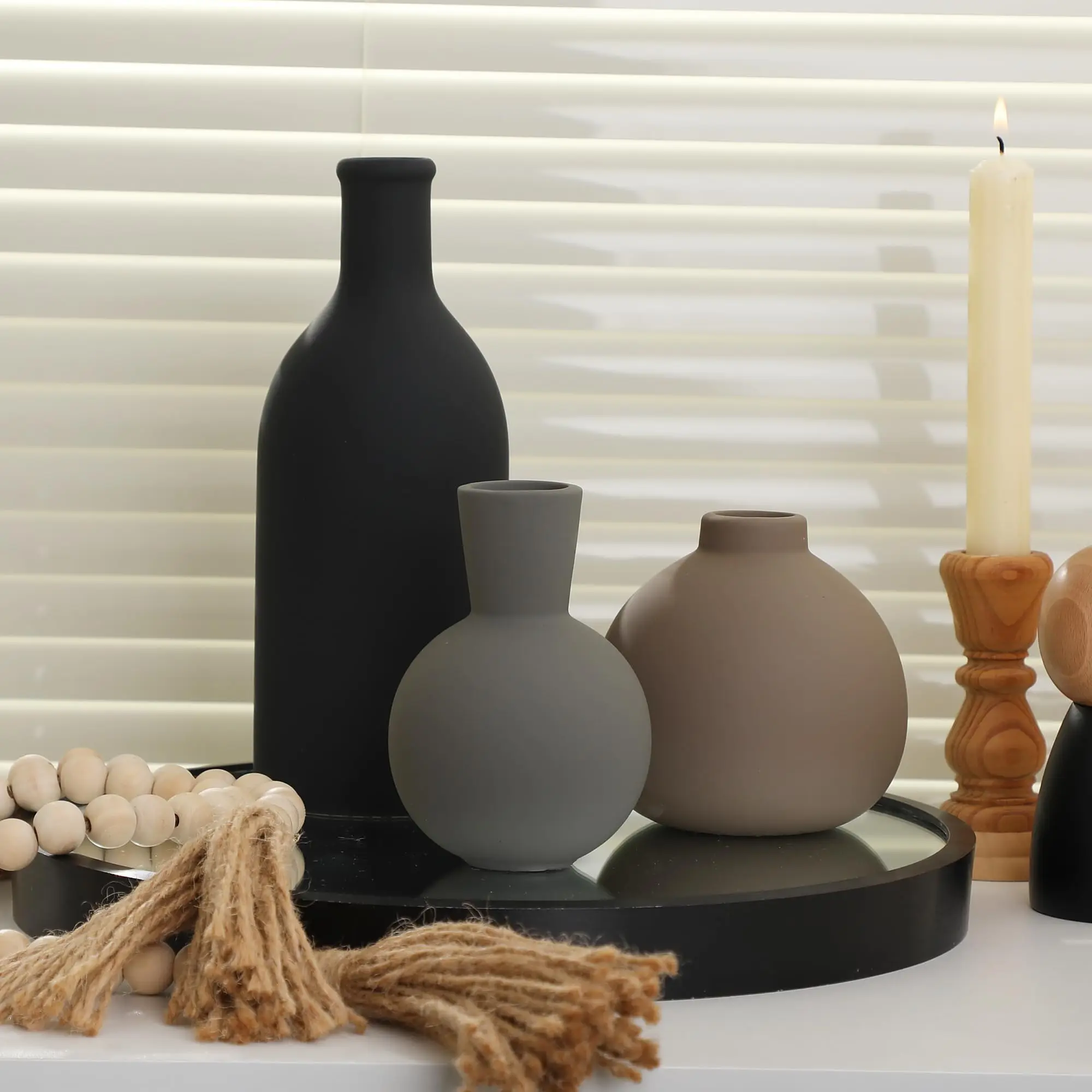 Set of 3 Matte Ceramic Vases,Modern Neutral Color Decorative Vase Set,Minimalist Flower Vases for Home Living Room Tabletop Deco