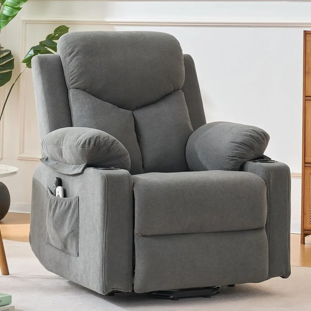 Reclining Chair with Massage, Heat, USB & Type-C Ports, Cup Holders, Gray, Regular Size