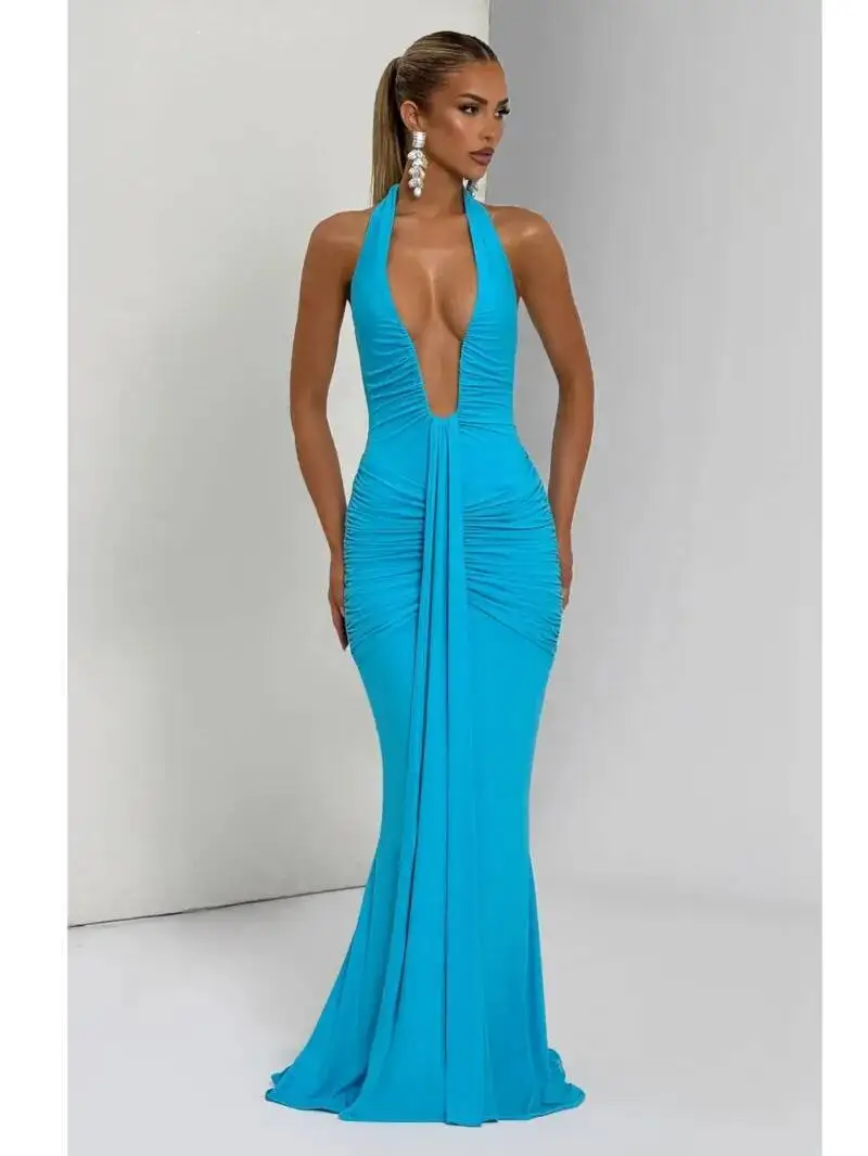 깊은 V넥 드레이프 주름 섹시 맥시 드레스 여성 여름 패션 홀터 슬리브리스 백리스 클럽 파티 롱 드레스 우아한 BM98