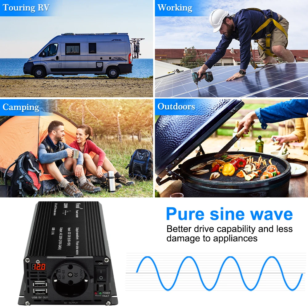 Foval 3000W Pure Sine Wave Inverter DC12V AC220V 230V Car Inverter Outdoor Working Voltage Converter European Warehouse