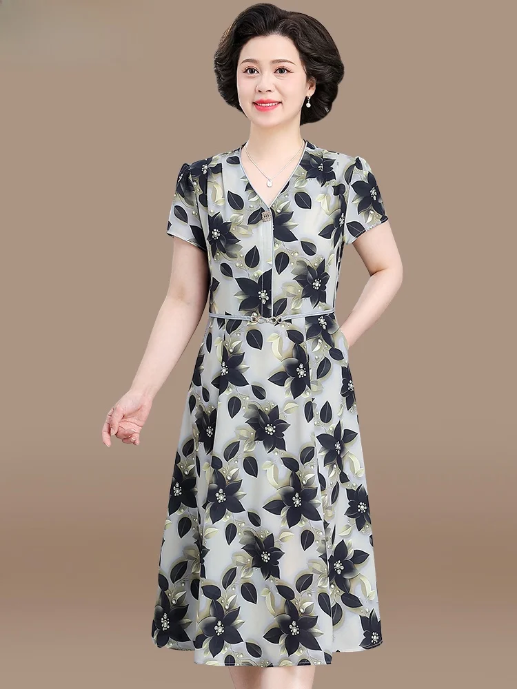 

Ele Midlife Mom Summer Dr ort Sve Chiffon Waist Cinched Faionable V-Ne Midi Skirt Loose Fit Polyester Blend