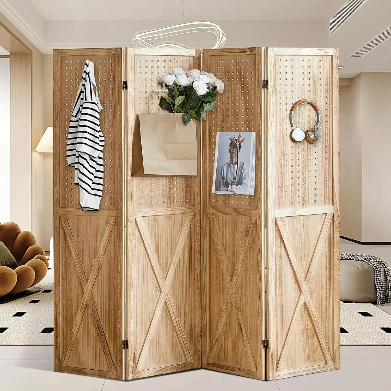 

Room Divider, 4 Panel Pegboard Display Wooden Room Divider Panel, Room Partitions and Dividers with 16 Hooks for Bedroo