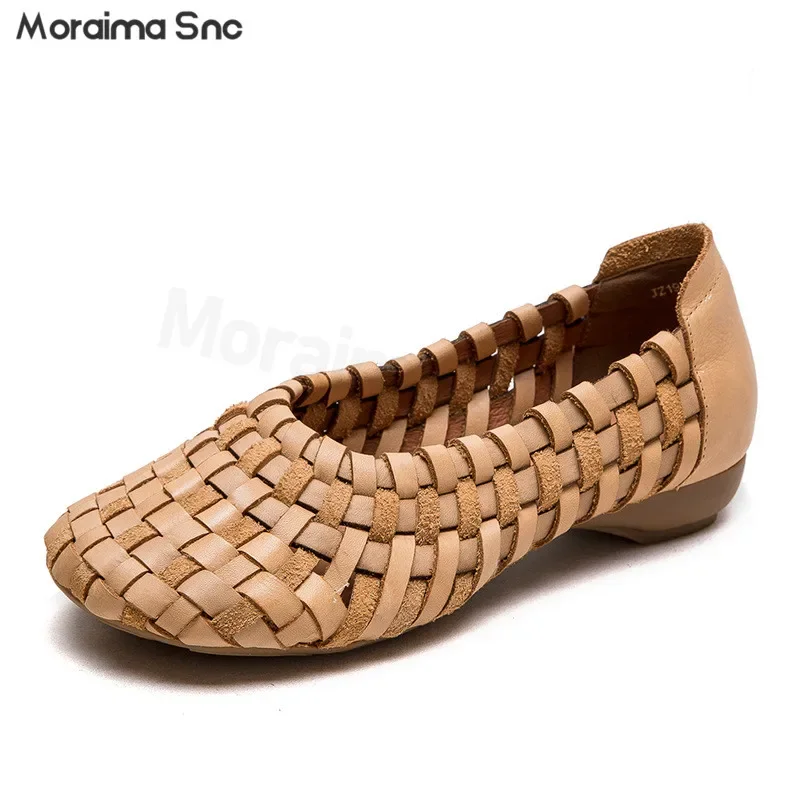 

Hand-Woven Genuine Leather Loafers Top Layer Cowhide Slip-On Sandals Breathable Flat Sole Comfortable and Simple Women's Shoes