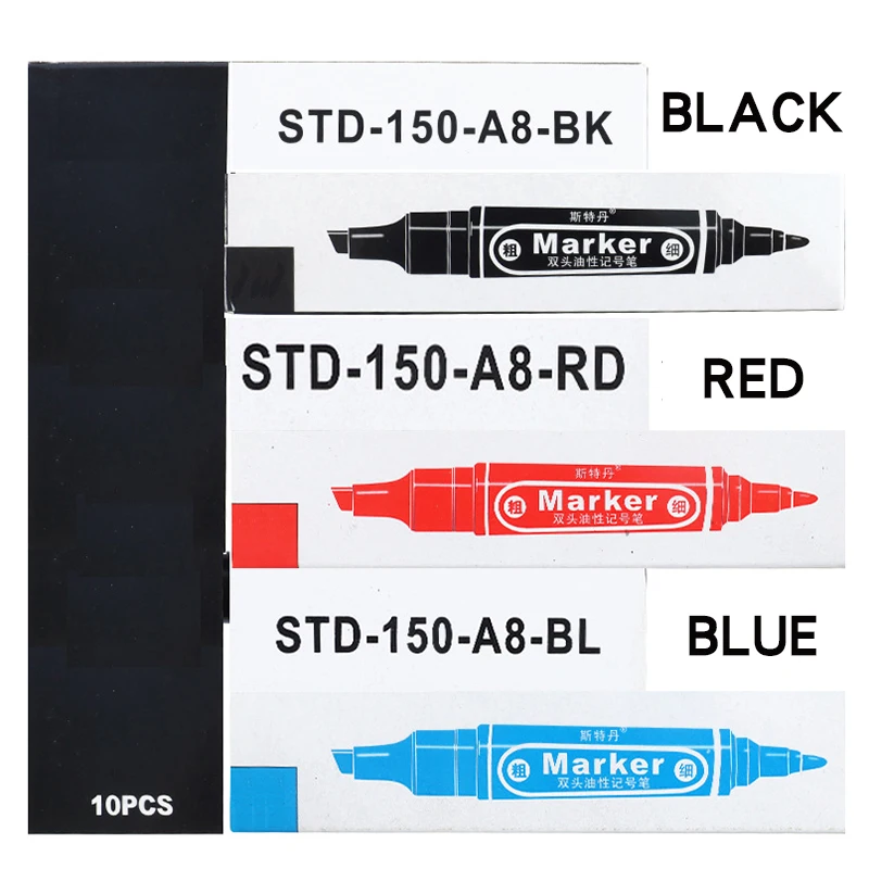 10Pcs Black/Red/Blue Waterproof Markers Pen,Black Paint Pens for Stone,Carton,Ceramic Glass Wood ,Office and School Supplies