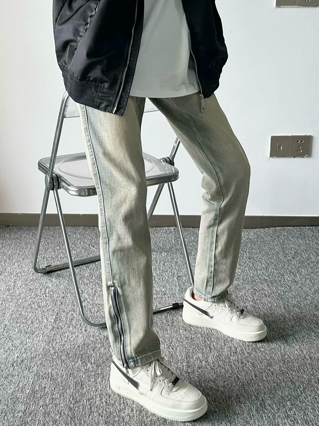 

American High Street Zipper Slit Jeans Men's Four Seasons Network Famous Brand Waed Straight Vintage Long Trousers