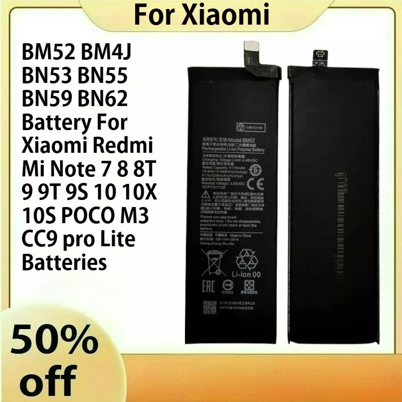 

BM52 BM4J BN53 BN55 BN59 BN62 Battery For Xiaomi Redmi Mi Note 7 8 8T 9 9T 9S 10 10X 10S POCO M3 CC9 pro Lite Batteries
