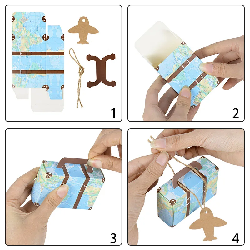 10Pcs Party Favor Candy Box, Vintage Mini Suitcase Favor Box, Kraft Paper With Tags And Burlap Twine For Travel Themed Party