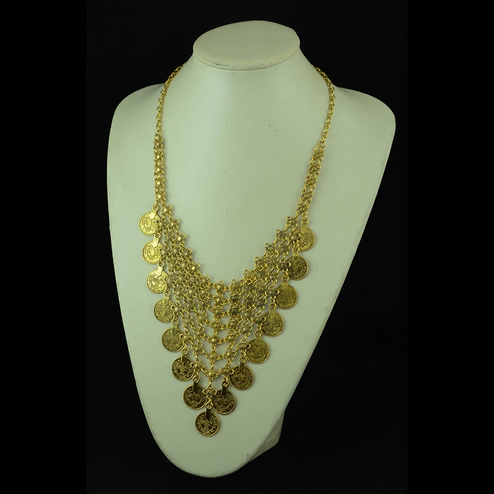 Traditionelle indische afghanische pakistanische ethnische Münzen Quaste Halsband Halskette Vintage goldene Legierung Münzen Kragen Damen Halsschmuck – Detail 30