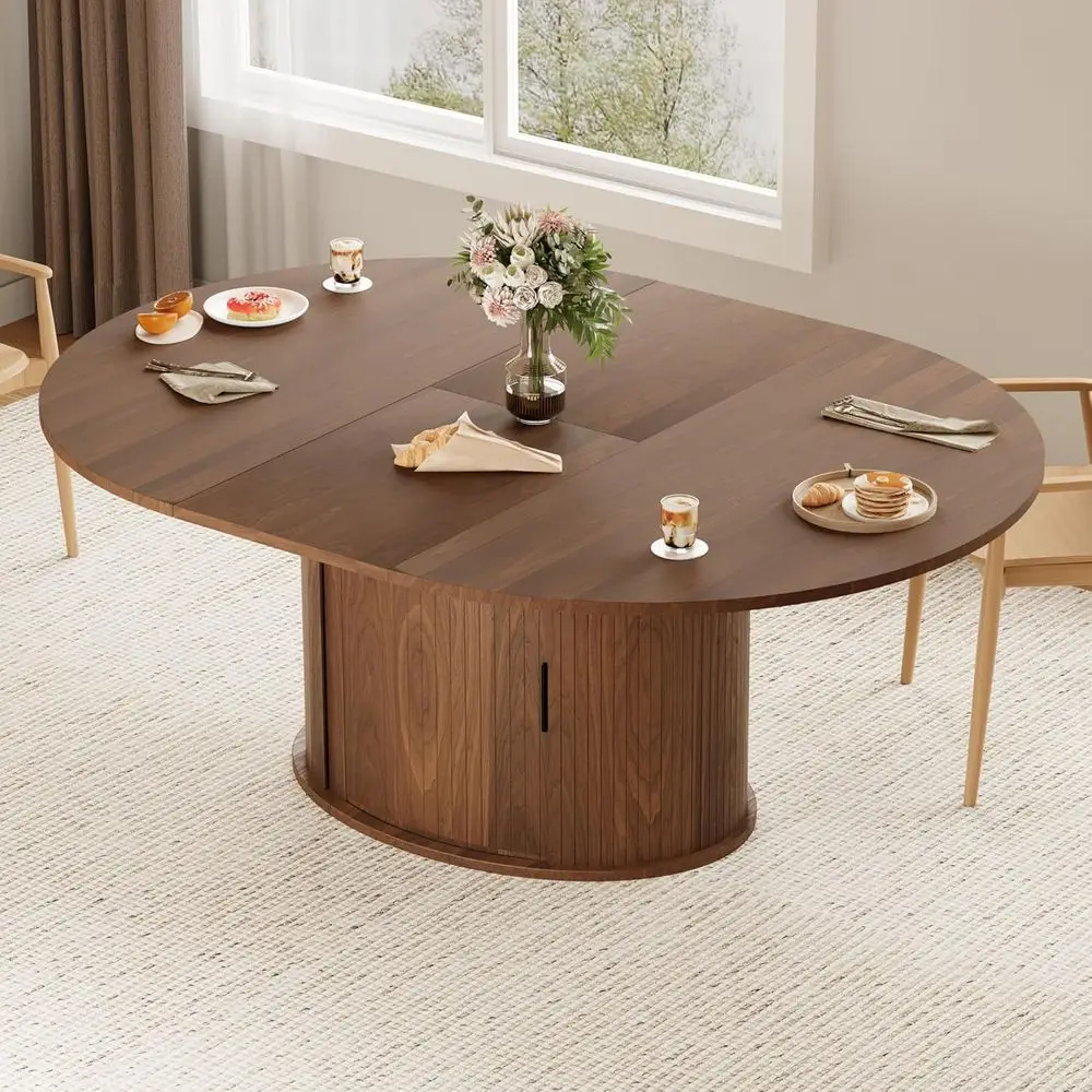 63 Walnut Expandable Oval Dining Table with 2-Tier Storage for 4-6 People