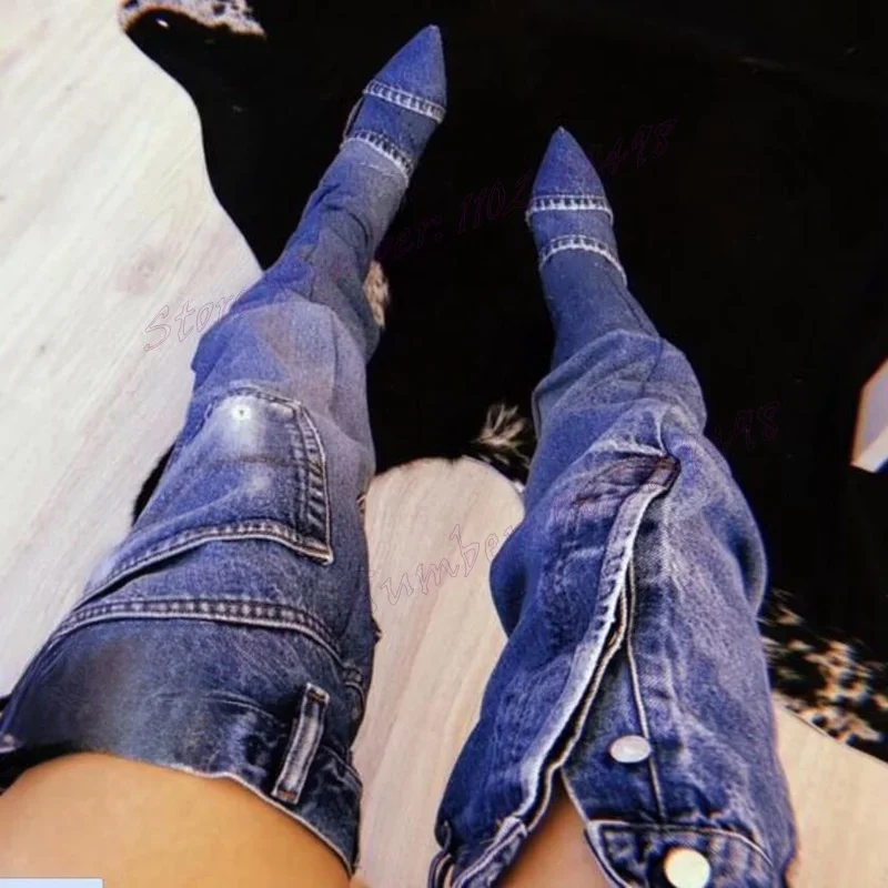 

Blue Denim Knee High Boots Pointed Toe Shoes for Women Stilettos High Heels Sexy Lady Party Shoes 2024 Zapatos Para Mujere