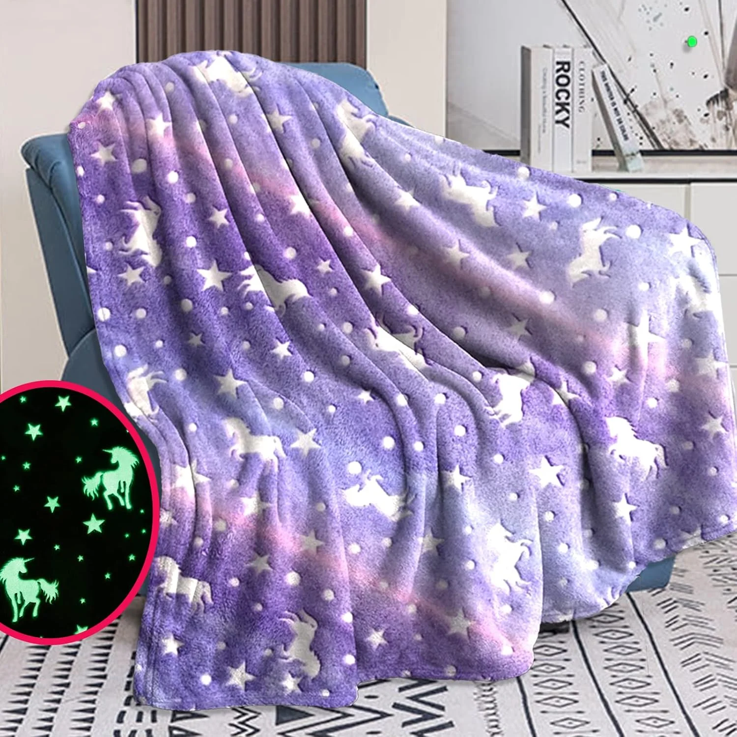 Warm and soft night light flying unicorn blanket, suitable for beds, reclining chairs, cars, offices. Suitable for all seasons.