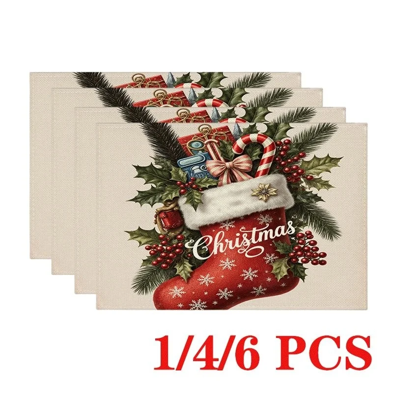 Retro Gingerbread Man Hot Cocoa Candy Cane Print Linen Placemats, Holly Berry Winter Holiday Pattern Table Mats for Xmas