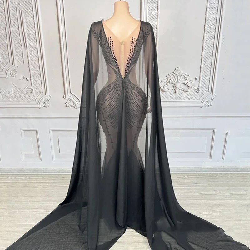 Women Singer Party Dress Sexy Mesh Rhinestones Celebrate Dress Wedding Gown Stage Catwalk Outfit Costume