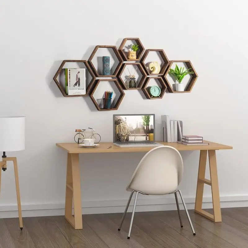4Pcs Brown Wooden Hexagon Floating Shelves Honeycomb Wall Storage Rack Farmhouse Plant Shelf Living Room Bedroom Wall Decor