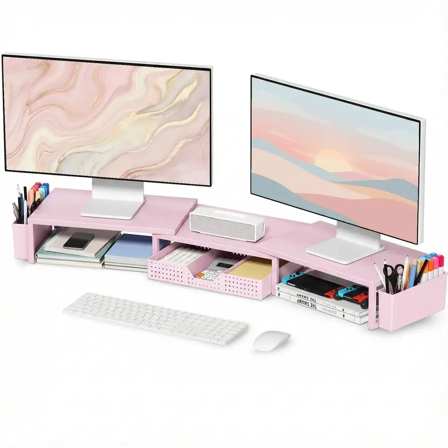 

Pink Desk Organizers and Accessories for Women, Dual Computer Monitor Stand Riser with Drawer and 2 Pen Holders, Office Desk Acc