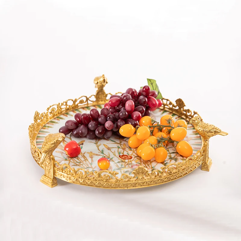 European luxury home decoration brass ceramic fruit tray living room retro bird fruit tray decoration