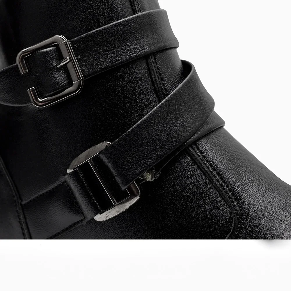 Men\'s Black Ankle Boots Pointed Toe Double Buckle Strap Faux Leather Chelsea Boots British Style Business Casual Dress Shoes