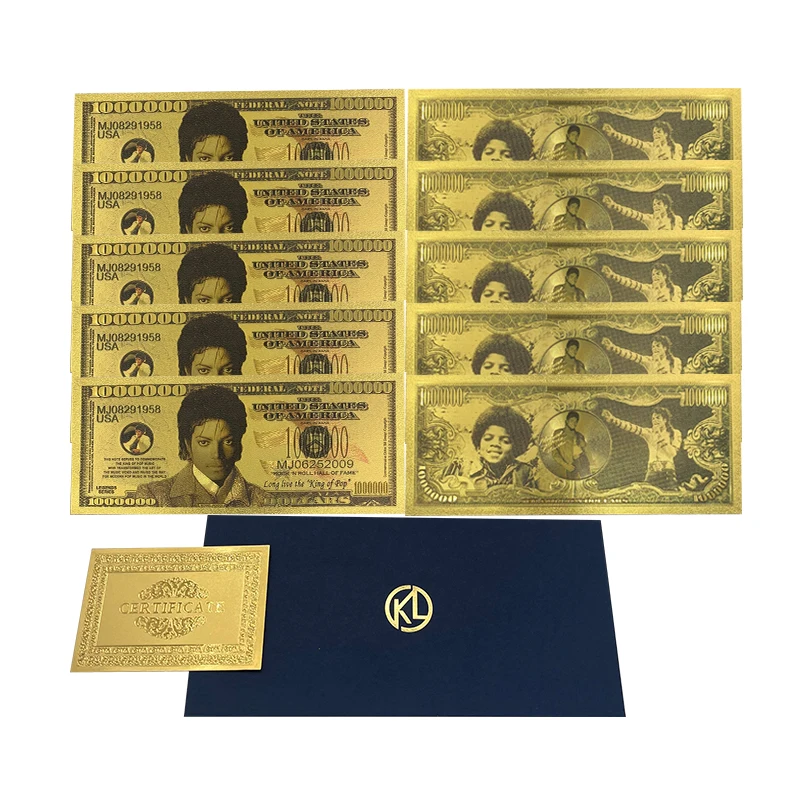 Super star The King of Pop Michael Jackson US 1000000 dollar Gold Banknote Custom gold plastic card Anniversary Pop Collectible