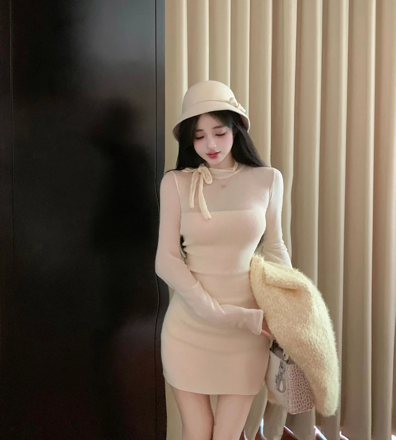 2026 Nuova Primavera Autunno Manica Lunga Sheer Dolcevita Mini Abito per Le Donne Coreano Slim Fit e Temperamento Dimagrante Abito Elegante