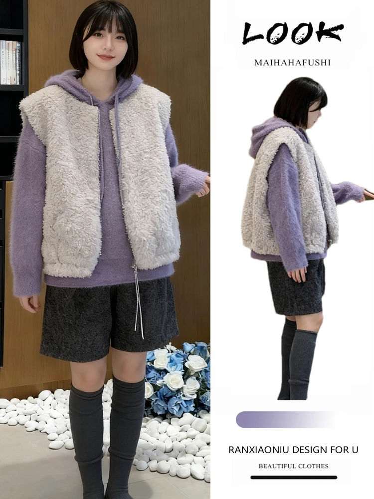 

Милый зимний комплект малого размера: женский меховой жилет, свитер с капюшоном, повседневные шорты и футболка, комплект из трех предметов с высокой талией, однотонный модный набор