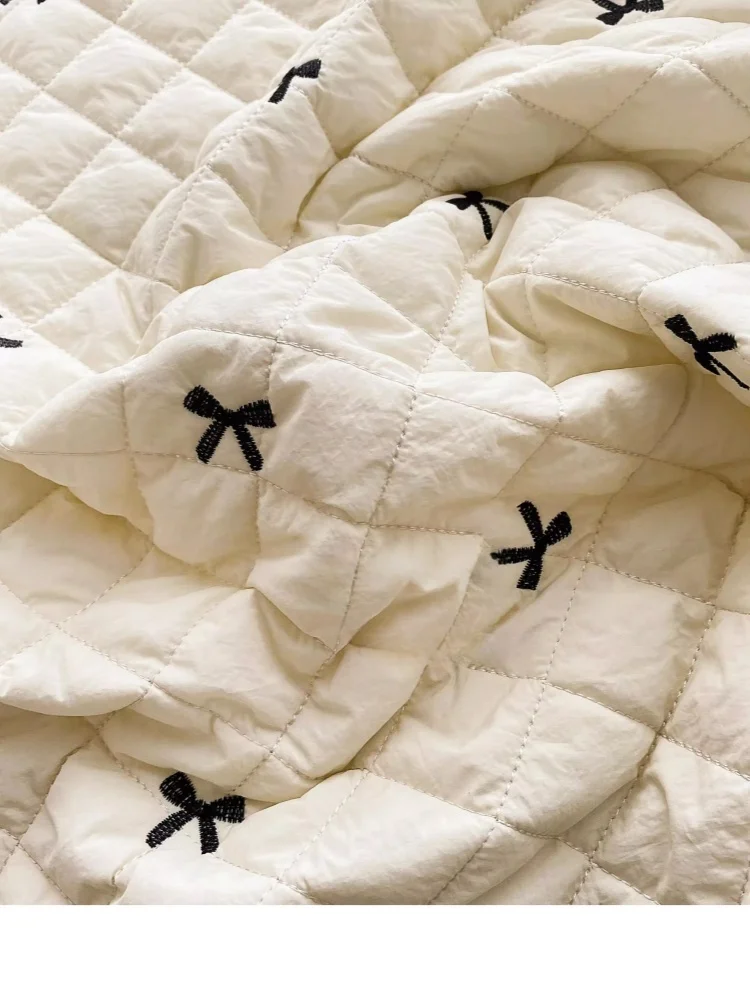 Beige diamond check clip cotton bow embroidery pressed cotton fabric autumn and winter cotton-padded jacket dress diy fabric