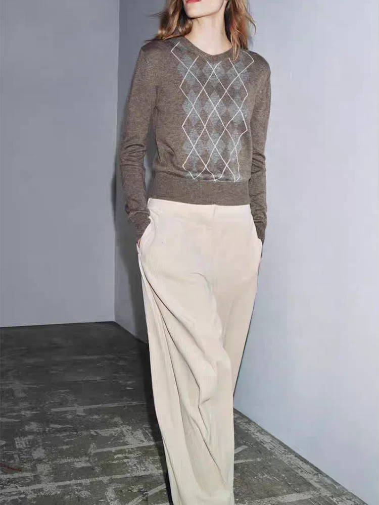 Faionable Sweet Knitted Sweater Diamond Pattern New Arrival Autumn 2025 Women's Loose Fit Long Sve round Ne Casual Sle