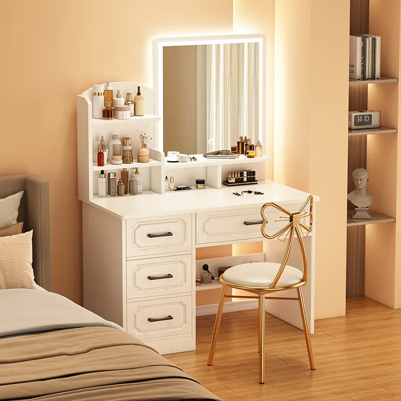 Smart Makeup with 3-Color LED Mirror Dressing Table Warm White Four-drawer Storage Cabinet Small Vanity Makeup Furniture Set