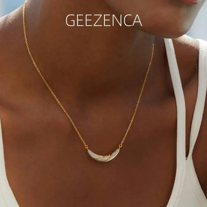 

GEEZENCA 925 Sterling Silver 18K Gold Plated Moon Pendant Necklace Dainty Natural Lapis Lazuli White Shell Black Agate Necklace