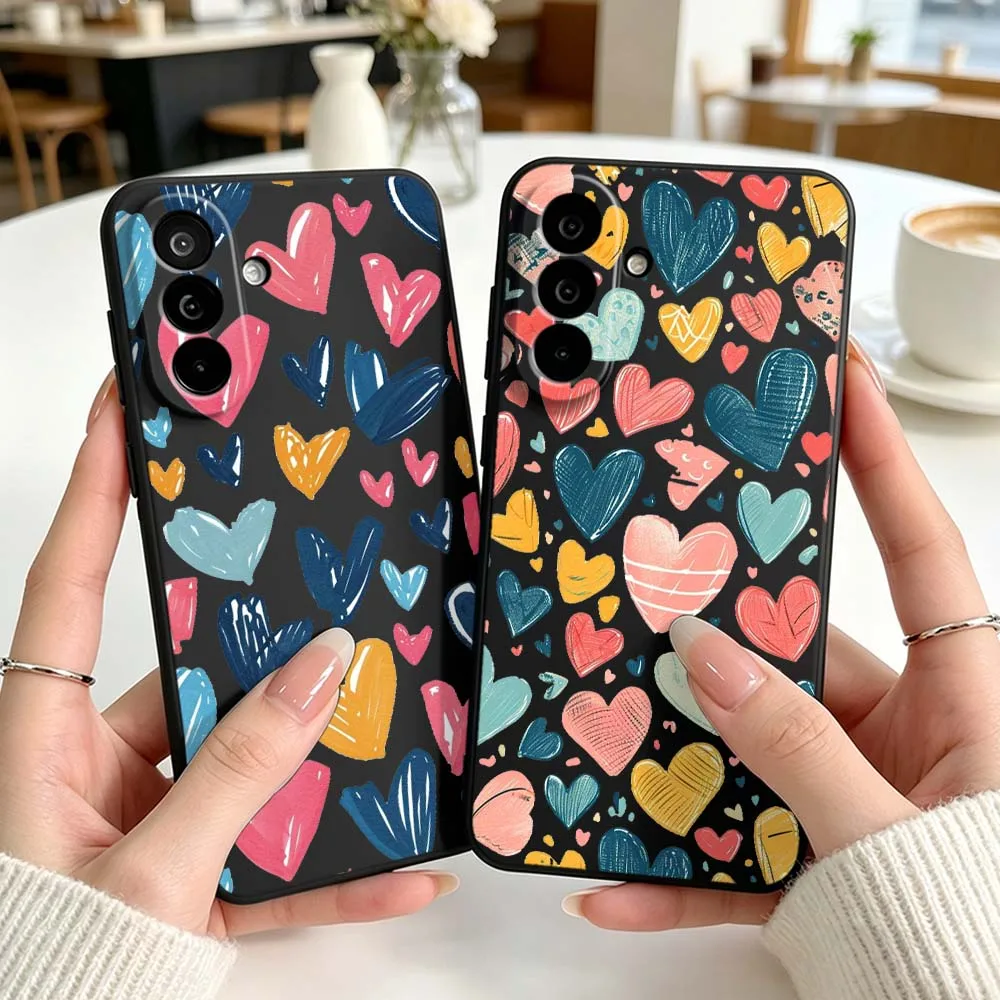 Fashion Heart Pattern Phone Case For Samsung Galaxy A71 A56 A55 A54 A53 A51 A50 A41 A16 A06 A05 Black Silicone Cover