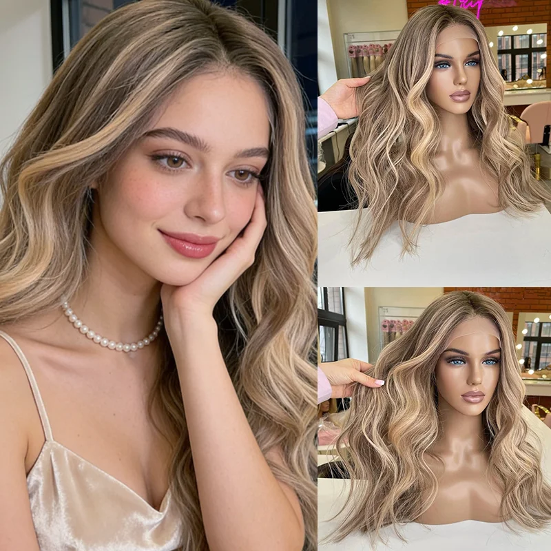 Karamellbraune blonde synthetische Perücke mit federnden Wellen, dunkelbraune Ansätze, Cosplay-Perücke für Haarausfall/Alopezie, 13x4 Lace-Front-Perücke, klebefreie Perücke