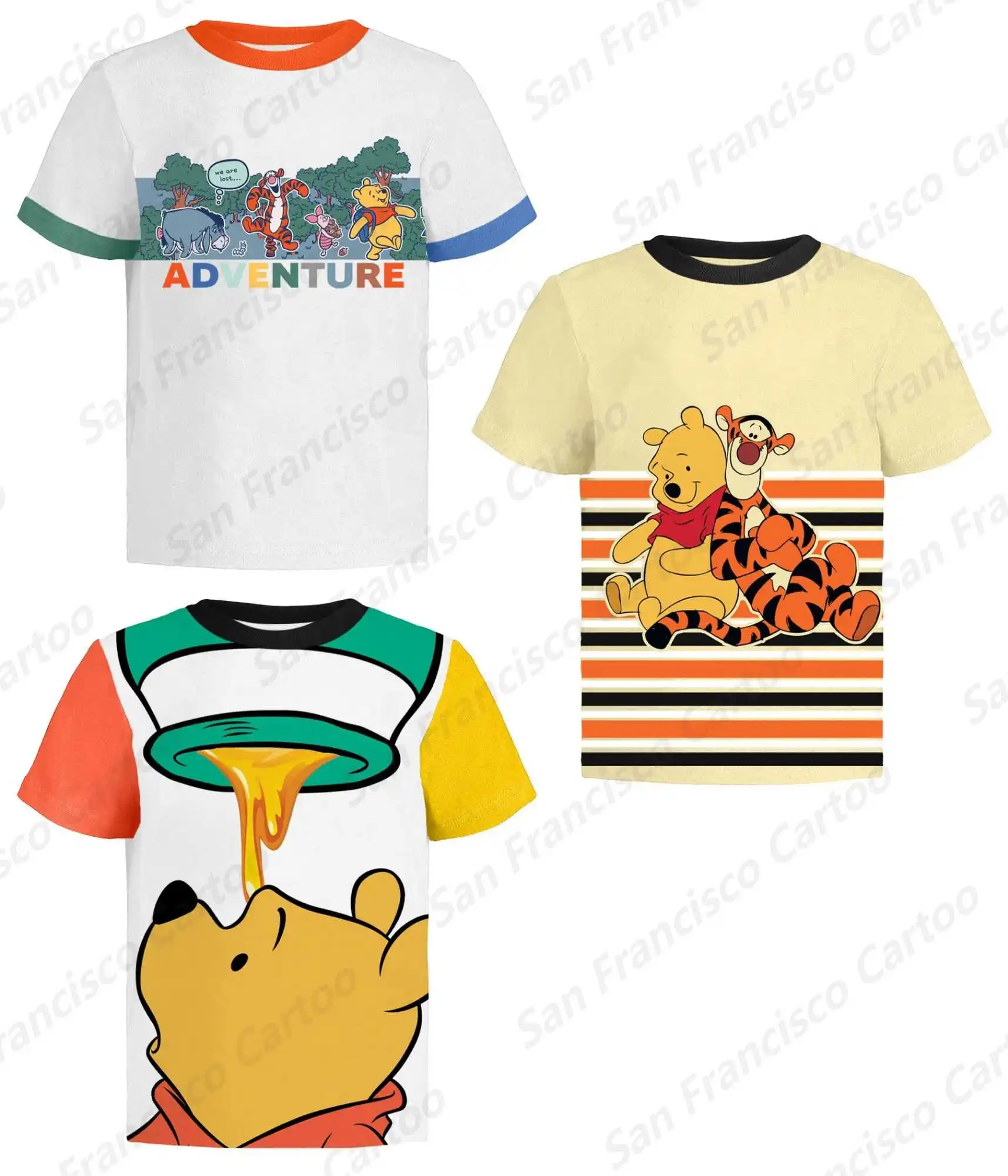 2024 New Summer Disney Winnie the Pooh Honey Jar 3D Printed T-Shirt Tigger Eeyore Pig Short Sleeve KID/Adult Cute Cartoon Top