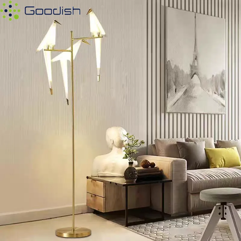 Nordic Retro Luxury Gold Origami Bird Standing LED Floor Lamp Art Creative Plated Light for Bedroom Home Decoration Chandelier