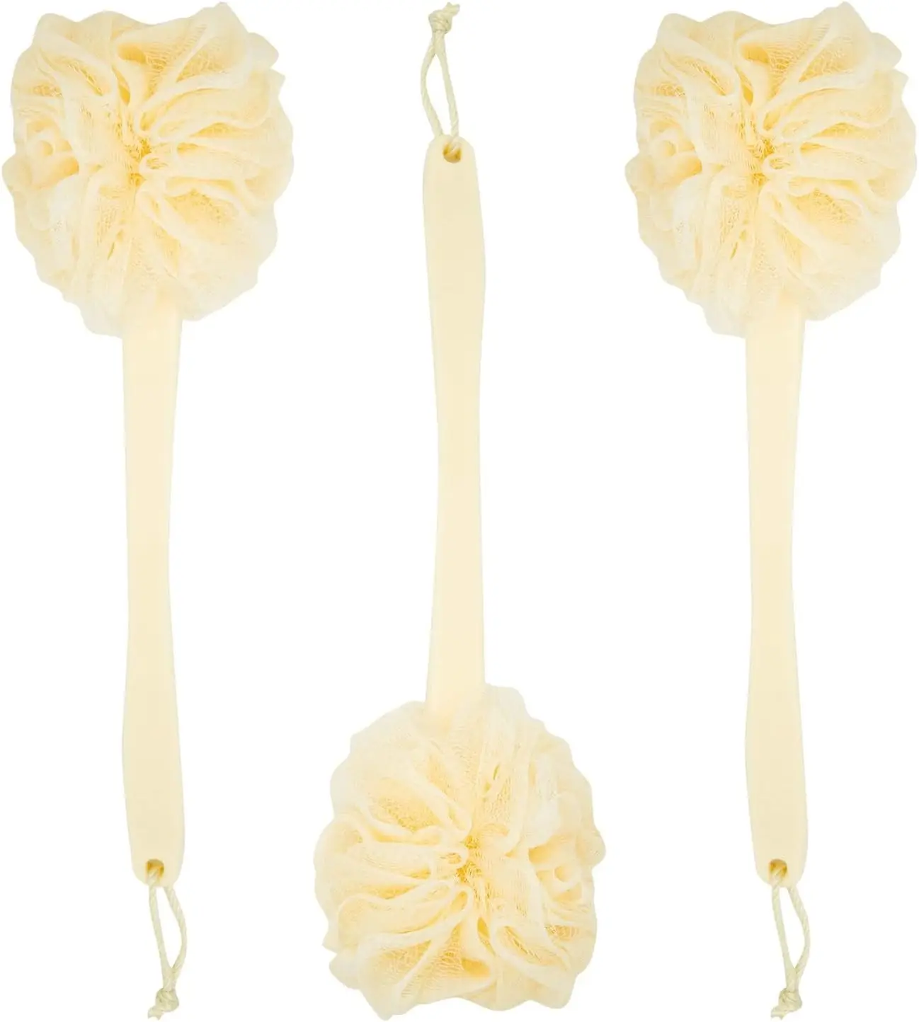 

Exfoliating Luffa Shower Scrubber with Long Handle - 18 Inch, Ivory, 3-Pack for Body and Back